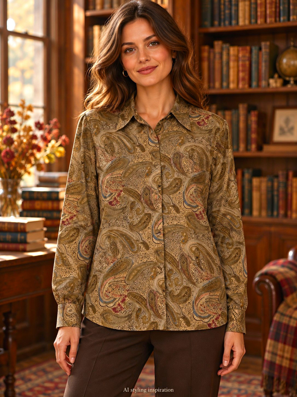 TESS Womens Medium Paisley Blouse Olive Brown Button Front Academia Long Sleeve